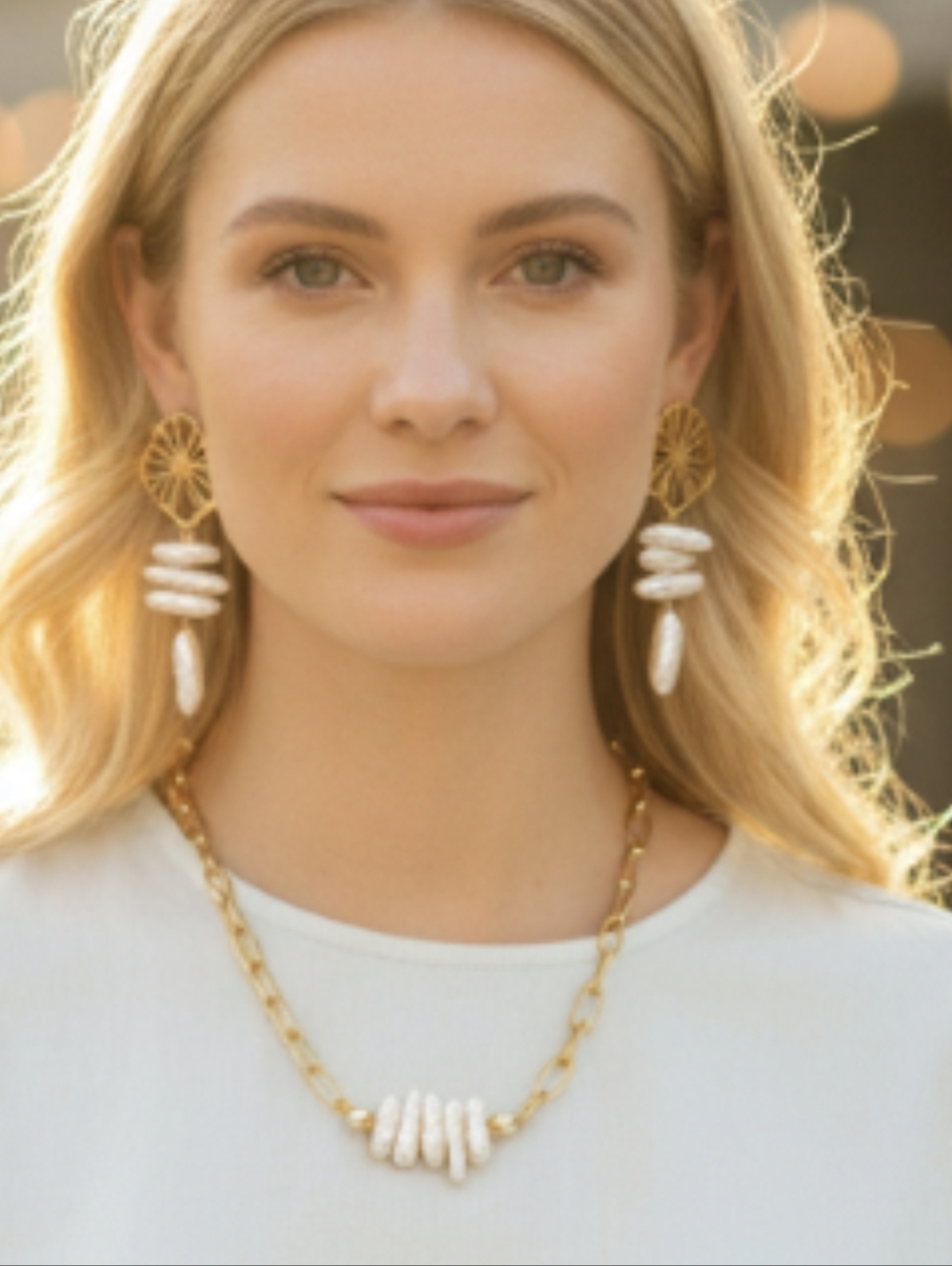 Gold Chain Necklace & Pearl Drop Earrings - Gold/White